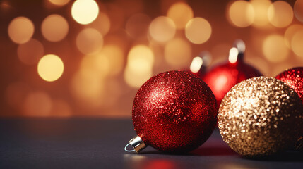 Christmas red horizontal banner with red balls, background with bokeh lights, Generative AI
