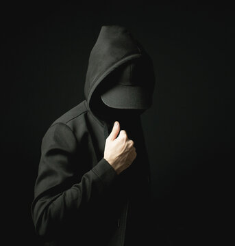 Black Hat Hoodie Sweater Man Hacker Alone in Dark