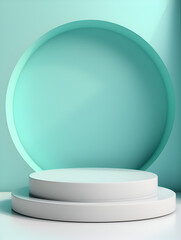 Minimalistic mock up background with white podium and soft turquoise wall, product presentation concept