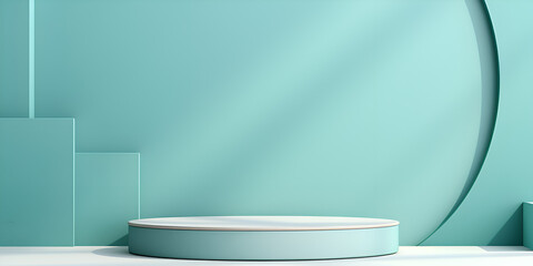 Minimalistic mock up background with white podium and soft turquoise wall, product presentation concept