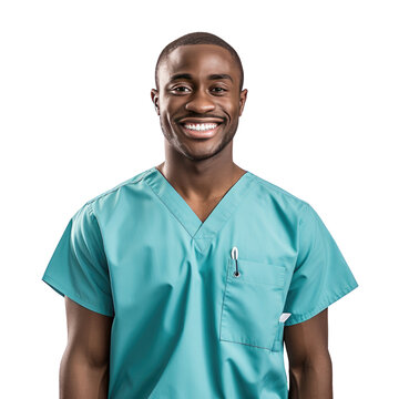 Black male nurse standing up, body view, smiling