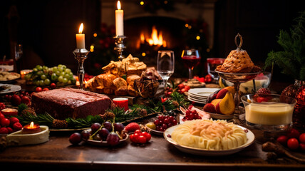 Obraz na płótnie Canvas christmas table with candles, snacks