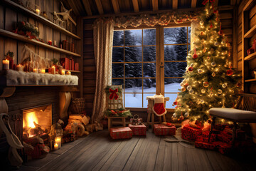 Salón de una cabaña de madera con la chimenea encendida y adornos navideños y árbol de navidad. Ventana con paisaje nevado por la noche - obrazy, fototapety, plakaty