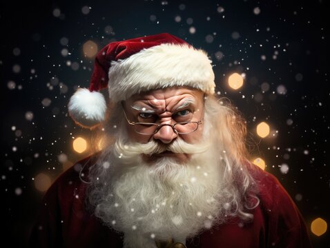 Santa Claus looking at the camera with an angry look on his face