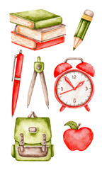 School watercolor illustrations set. Alarm clock, books, school bag, pencil, pen, compass, apple. Back to school. Study, education. Illustrations isolated. For printing on stickers, cards, posters