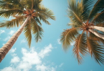 Obraz premium Blue sky and palm trees view from below, vintage style, tropical beach and summer background, travel concept realistic image