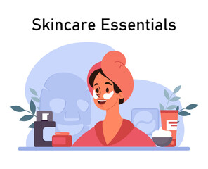 Skincare routine. Facial skin and hair care, cosmetic products. Woman