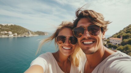 Fototapeta premium Selfie of a Smiling Couple Enjoying Summer Vacation Outdoors