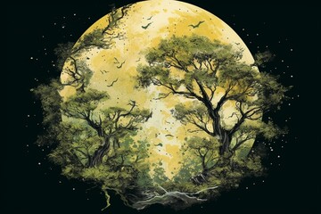 Tree with abundant leaves in front of a full moon, splattered by white, on a green backdrop with a yellow starry circle and black outline. Generative AI - obrazy, fototapety, plakaty