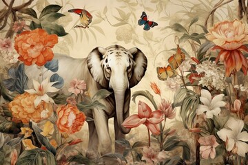 Vintage floral art with flowers and animal on delicate background. Generative AI