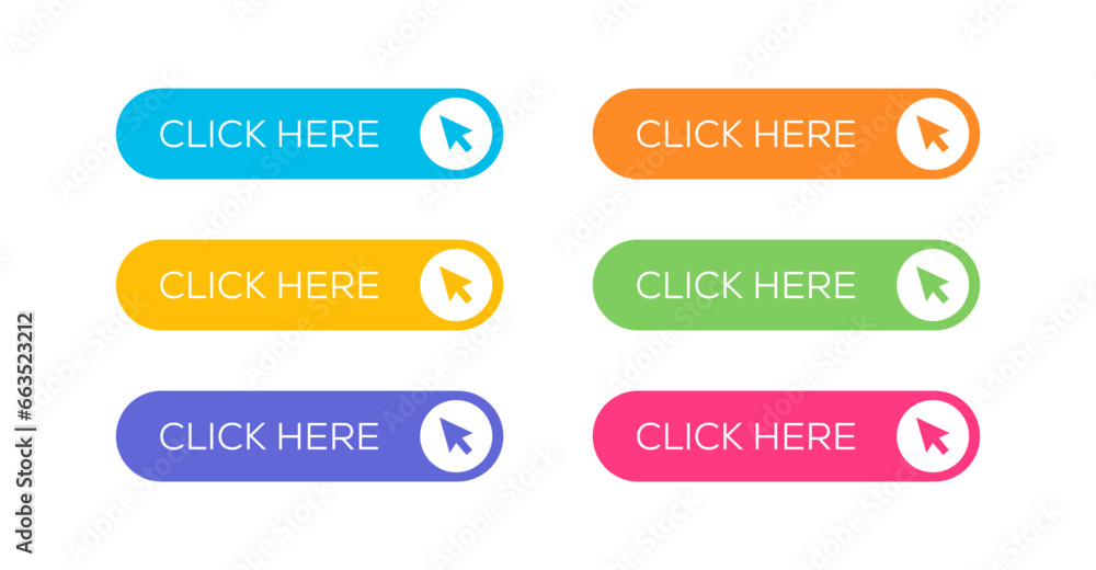 Aufkleber click here button with arrow pointer clicking icon. click here vector web button.