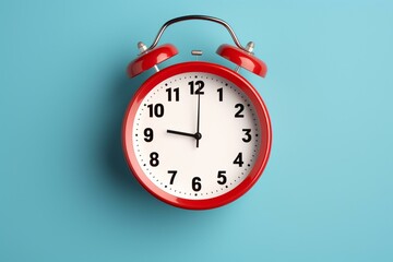 A clock with red color on blue background, indicating five minutes till twelve. Generative AI - obrazy, fototapety, plakaty