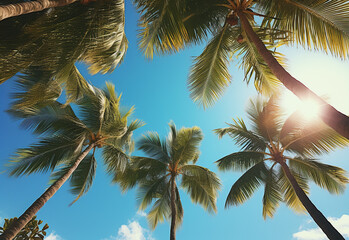 
Blue sky and palm trees view from below, vintage style, tropical beach and summer background, travel concept realistic image