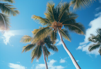Obraz premium Blue sky and palm trees view from below, vintage style, tropical beach and summer background, travel concept realistic image