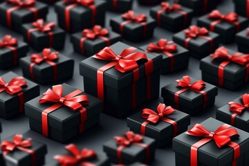 Black Friday sale gift boxes with red ribbon background. Illustration. Generative AI