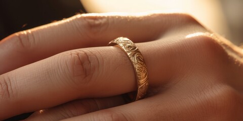 Golden Promise: A Close-Up of a Male Hand Gently Slipping a Golden Ring onto a Womans Finger, Sealing a Momentous Wedding Vow