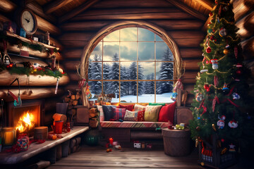Salón de una cabaña de madera con la chimenea encendida y adornos navideños y árbol de navidad. Ventana con paisaje nevado por la noche - obrazy, fototapety, plakaty