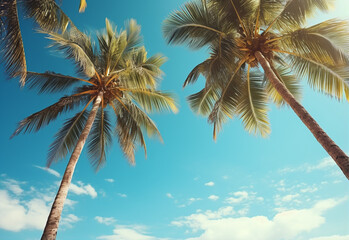 
Blue sky and palm trees view from below, vintage style, tropical beach and summer background, travel concept realistic image