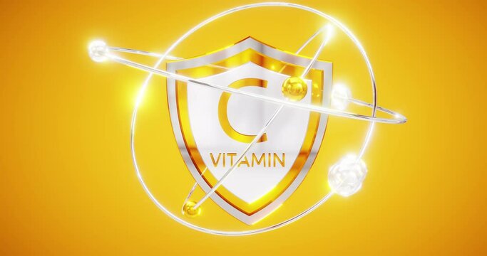 vitamin C - shield inscription on an orange background with rotating orbits and atoms as a symbol of protection, 3d render of ascorbic acid