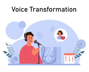 Voice changer or voice enhancer. Man speaking on microphone with female