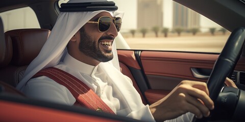 Oil Sheikh Views His Expansive Oil Fields from the Window of a Modern Red Sports Car, Reflecting...
