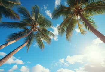 
Blue sky and palm trees view from below, vintage style, tropical beach and summer background, travel concept realistic image