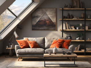 Embrace the charm of a Scandinavian modern living room in an attic, where a sofa and lounge chair sit against a rustic grey wall adorned with shelves.