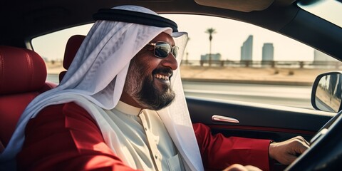 Oil Sheikh Views His Expansive Oil Fields from the Window of a Modern Red Sports Car, Reflecting...