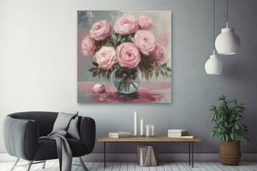 Pink roses painting in a vase, garden flowers wall art, printable home decor, large artwork. Generative AI