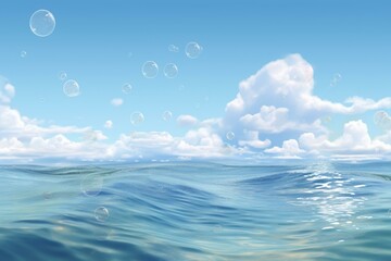 Calm, peaceful seascape with blue waves, bubbles, white clouds, sunny sky, and ocean. Generative AI