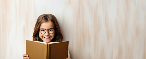 A young girl in glasses holds an open book in her hands on a light background. Preparation for studies, exams, banner dot, place for text