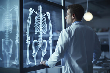 Radiological Study: A doctor in a pristine white coat observes an X-ray image, delving into its details - obrazy, fototapety, plakaty