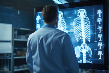 Diagnostic Review: The doctor, clad in white, scrutinizes the X-ray image, focusing intently - obrazy, fototapety, plakaty