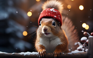 Charming squirrel in a red hat in the winter forest. Snowing. Blurred background. Christmas poster. Close up. Generative AI.