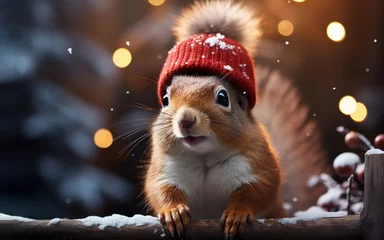 Plexiglas foto achterwand Charming squirrel in a red hat in the winter forest. Snowing. Blurred background. Christmas poster. Close up. Generative AI. © Irina Ermakova