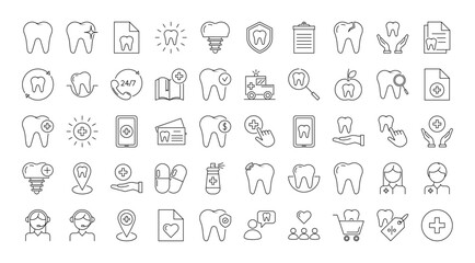 Dental line icons set. Teeth, tooth, care, oral cavity, dentist, tooth crown, dentist, dentistry, treatment, prosthetics, health, people. Vector stock illustration. 