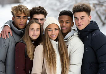 Group of young people in winter landscape. Cold time. AI generated