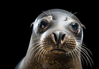 Realistic portrait of a seal isolated on dark background. AI generated - obrazy, fototapety, plakaty