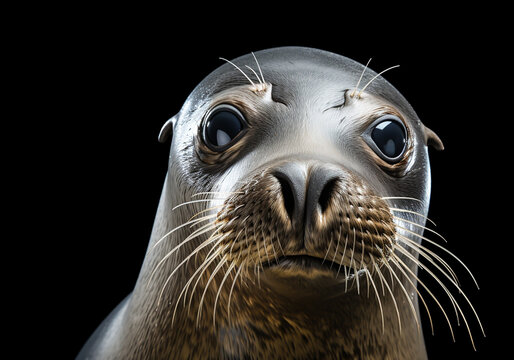 Realistic portrait of a seal isolated on dark background. AI generated