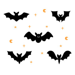 Bats set. Cartoon characters for Halloween decorations. Collection of hand drawn black silhouettes of bats