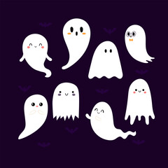 Collection of cute Halloween Ghosts. Cartoon spooky characters