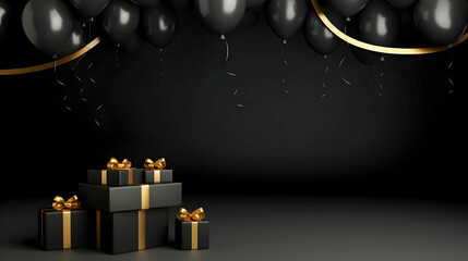 Photo Black Friday. Cyber Monday. Christmas boxes on black background with copy space for text
