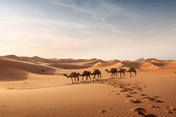 Fototapeta na wymiar A Caravan of Camels Wander the Vast Desert Leaving Footsteps in the Sand