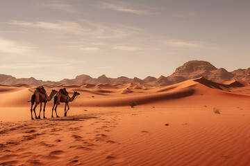 Fototapeta na wymiar Two Camels Walk Across the Desert Sand Dunes