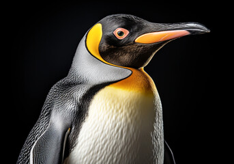 Realistic portrait of a penguin isolated on dark background. AI generated - obrazy, fototapety, plakaty