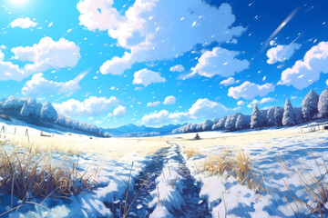 Beautiful cartoon winter landscape. Generative AI illustration in anime style