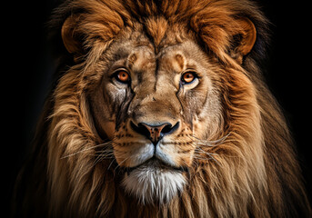 Fototapeta premium Realistic portrait of a lion isolated on dark background. AI generated
