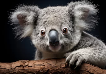 Poster Realistic portrait of a koala isolated on dark background. AI generated © Alicina