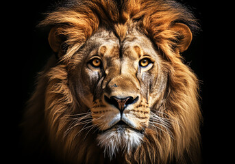 Realistic portrait of a lion isolated on dark background. AI generated