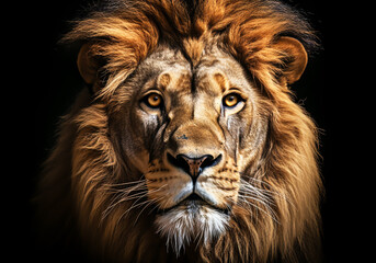 Fototapeta premium Realistic portrait of a lion isolated on dark background. AI generated